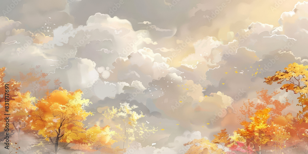 Dreamy autumn landscape with vibrant golden clouds reflecting on a serene lake surrounded by colorful foliage and gentle mist
Dreamy autumn landscape with vibrant golden clouds reflecting on a serene lake surrounded by colorful foliage and gentle mist