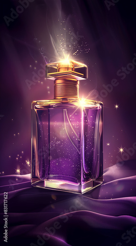 A luxury perfume bottle on an elegant surface, surrounded by an atmosphere of wealth. Perfume advertising theme for luxury brands with copy space for logo and text.