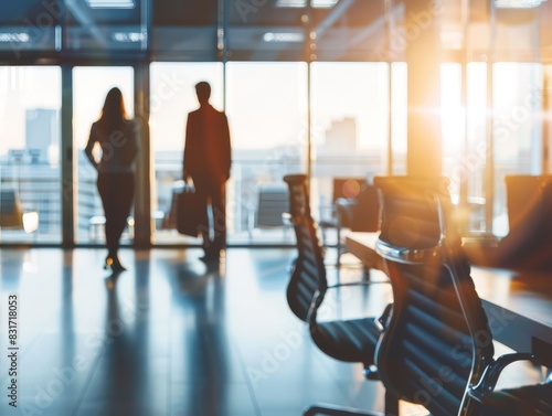 Professionals stride near conference table in warm sunset ambiance photo