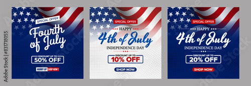 Happy 4th of July Sale template, set of abstract backgrounds waving USA flag background, fourth july sale, banner, posters, cover design templates, social media wallpaper stories