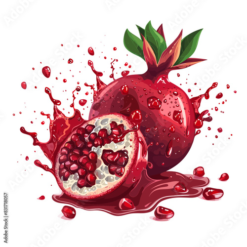 uicy pomegranate with a burst of red seeds and drippings