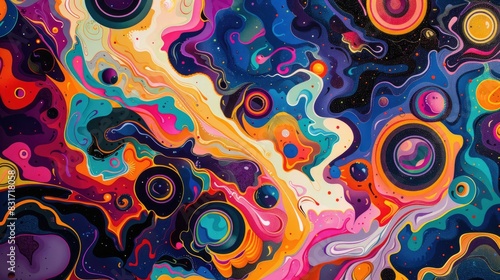 Multicolored abstract swirls and vibrant patterns create a psychedelic background photo