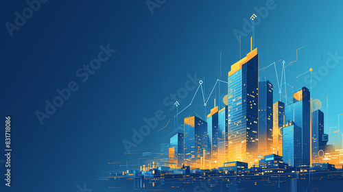 A contemporary business background featuring flat, abstract illustrations of buildings and financial symbols in a sophisticated color scheme, ideal for financial or real estate presentations photo