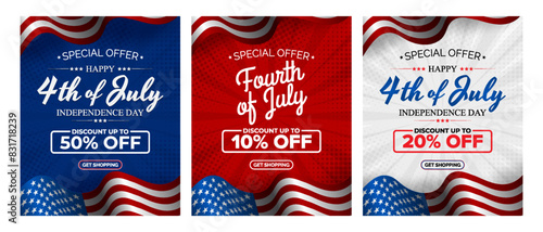 Happy 4th of July Sale template, set of abstract backgrounds waving USA flag background, fourth july sale, banner, posters, cover design templates, social media wallpaper stories