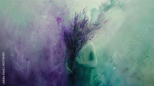 Soft purple and green oil painting of a form holding a bouquet of lavender, photo