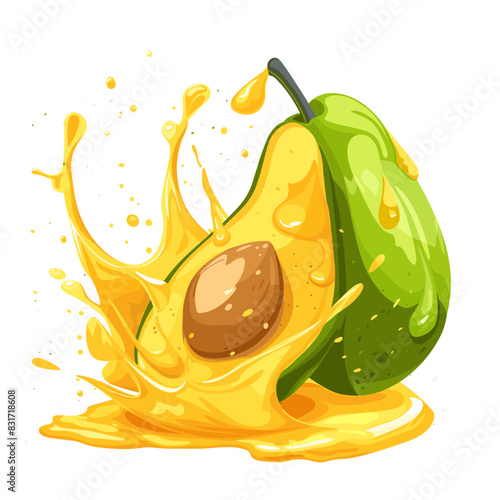 A halved avocado with a splash of green juice