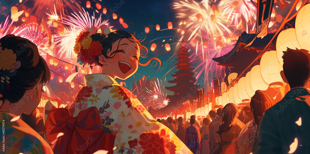 Japanese Fireworks, Hanabi Festival anime style illustration