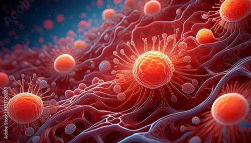 red blood cells. A dynamic image of a virus being neutralized by a nanobot in the bloodstream, showing the