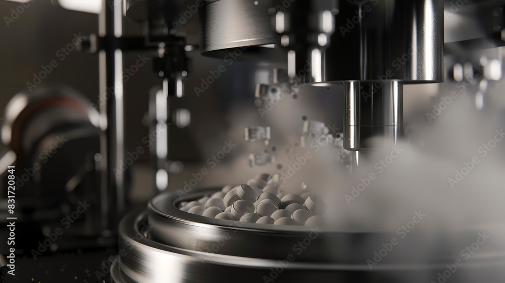 Capsule filling machine in action, close-up, dynamic powder flow, high-detail capture Capsule filling machine in action, close-up, dynamic powder flow, high-detail capture