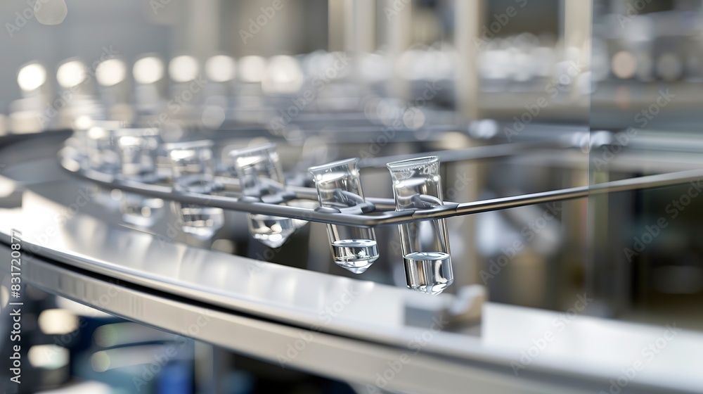 Fototapeta premium Sterile vial filling line, close-up, liquid precision, bright, clinical environment 
