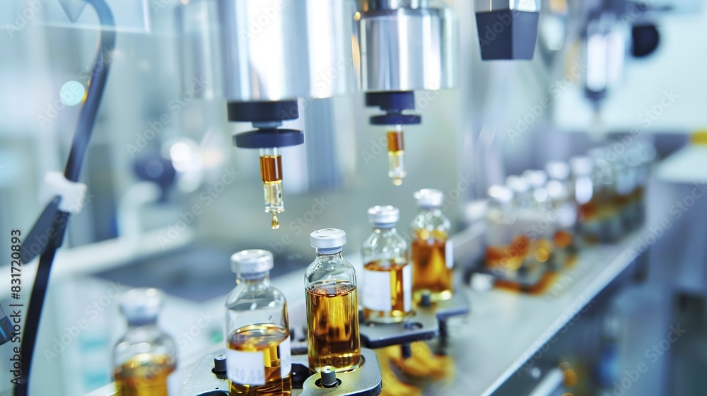 Sterile vial filling line, close-up, liquid precision, bright, clinical environment Sterile vial filling line, close-up, liquid precision, bright, clinical environment