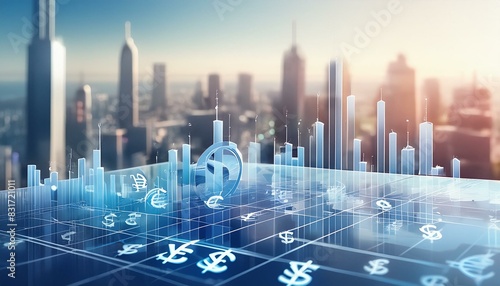  Layers of transparent currency symbols and financial graphs  set against a blurred cityscape.