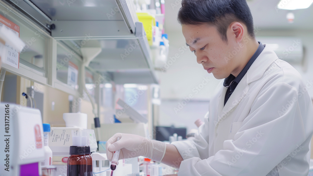 日本の病院の採血室で血液を採取する技師 日本の病院の採血室で血液を採取する技師