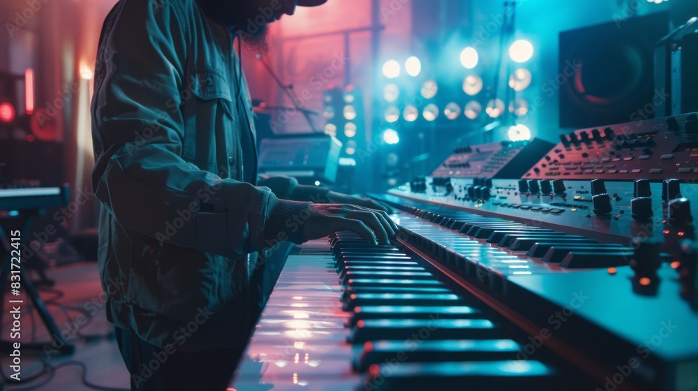 Man plays synth on stage.