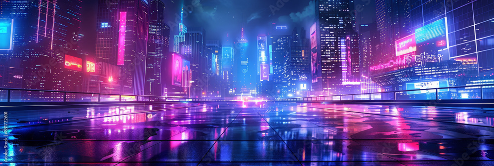 Futuristic cityscape with neon lights reflecting on wet ground at night creating a vibrant and colorful urban scene
