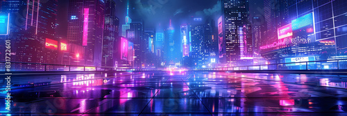 Futuristic cityscape with neon lights reflecting on wet ground at night creating a vibrant and colorful urban scene 