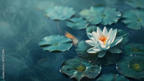 White lily sits on top of lily pad in pond. photo