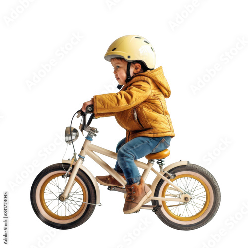 Little child riding a bike, white background