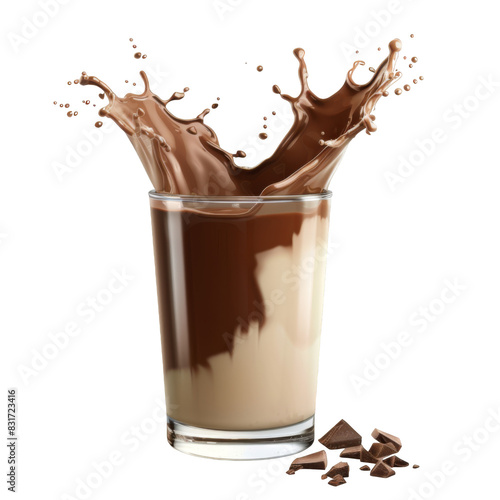 Milk and chocolate milk splashing out of glass, white background