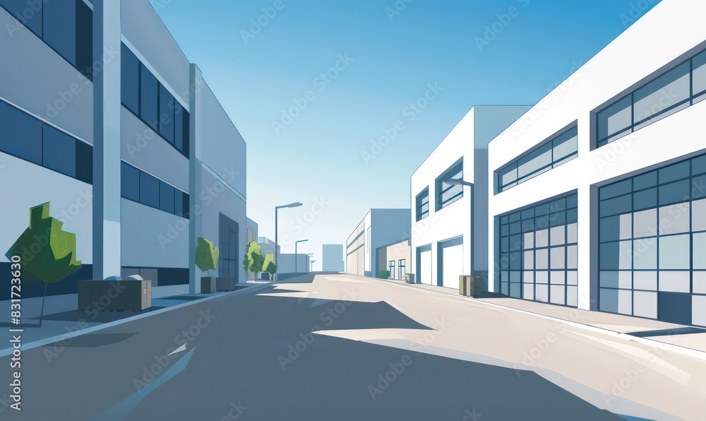 modern industrial park warehouse illustration, beautiful light and flat soft colors modern industrial park warehouse illustration, beautiful light and flat soft colors
