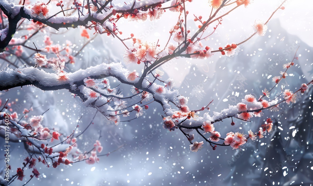 amazing winter landscape illustration wallpaper of a tree branch with red purple flowers covered with snow, beautiful misty mountain scenery amazing winter landscape illustration wallpaper of a tree branch with red purple flowers covered with snow, beautiful misty mountain scenery