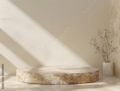 Minimalist pedestal adorned with plant shadow against textured wall