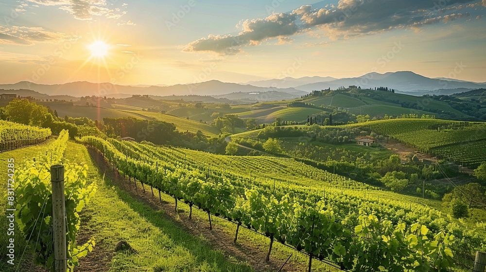 Naklejka premium Emotional green fields in the light of the spring sunshine in Tuscany.