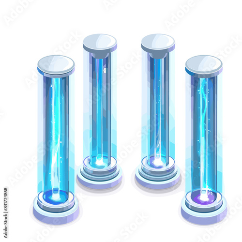 Three futuristic glass tubes filled with swirling blue lightning on a white background