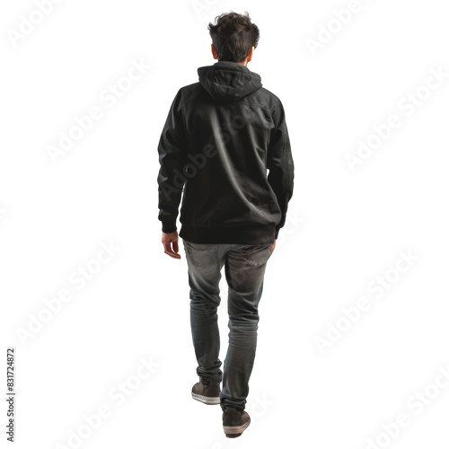 Portrait of a young man walking, back view, white background
