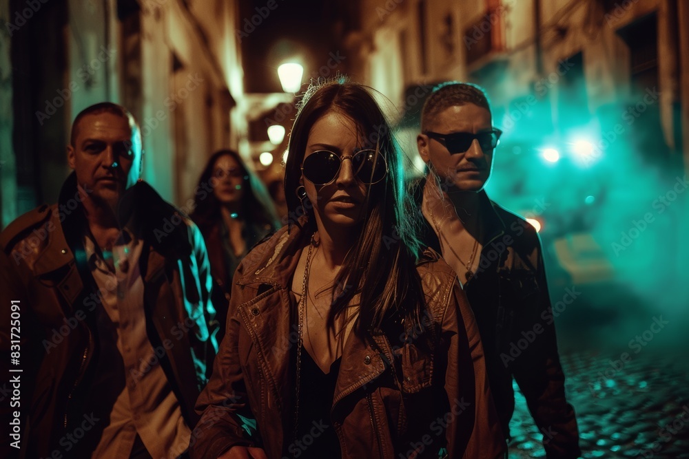 Group of young people walking in the city at night. Men and women in the city.