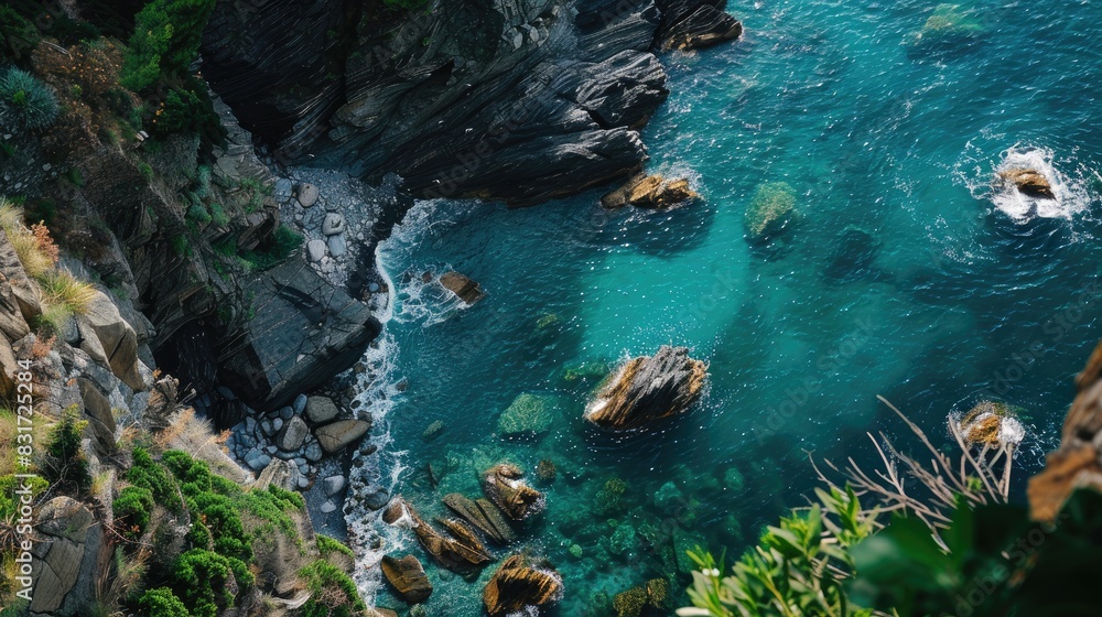 Incredible view beneath Manarola Cinque Terre where the cliffs meet the sea displaying the vivid greens and blues of the Mediterranean waters Incredible view beneath Manarola Cinque Terre where the cliffs meet the sea displaying the vivid greens and blues of the Mediterranean waters