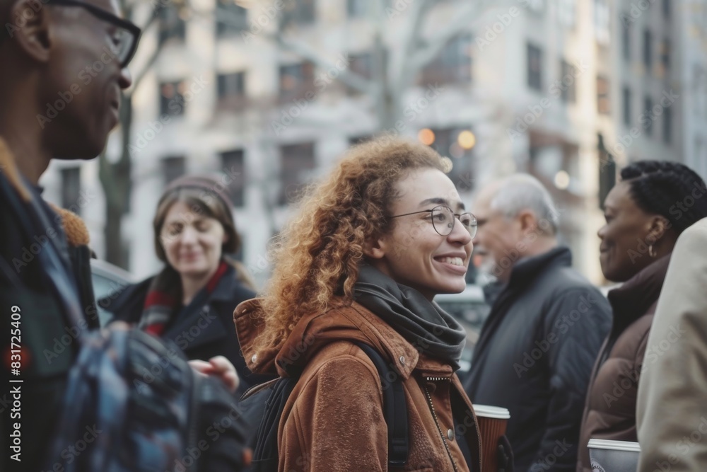 Group of young people walking in the city. Selective focus. Group of young people walking in the city. Selective focus.