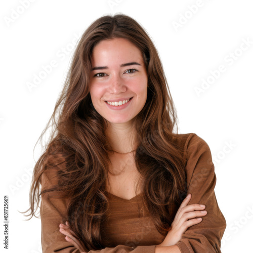 Portrait of handsome smiling young woman with folded arms, white background