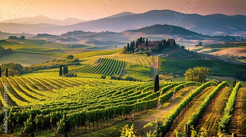 View of rolling hills and vineyards in Tuscany  Italy. The landscape is bathed in the soft glow of sunset 