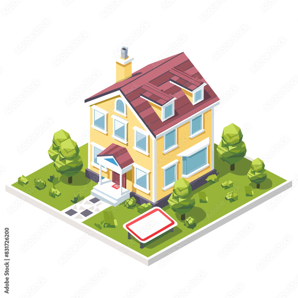 A colorful isometric illustration of a suburban home with a for sale sign in the front yard A colorful isometric illustration of a suburban home with a for sale sign in the front yard