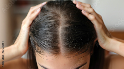 Woman showing hair loss, thinning hair on scalp.