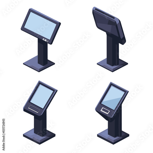 A collection of touchscreen kiosks in a flat design style