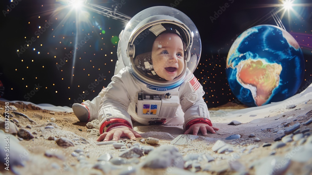 Naklejka premium Baby wearing an astronaut suit sitting on the moon smiling happily, AI-generated image