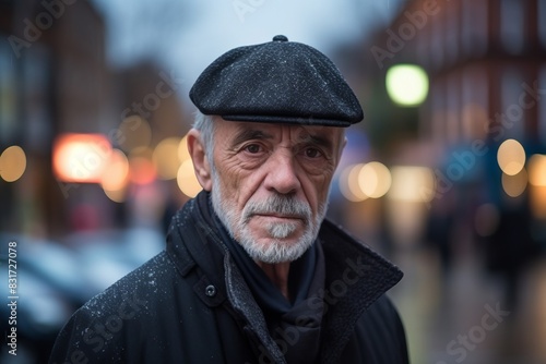 Portrait of an old man with a gray beard in a black coat and a cap on a city street at night