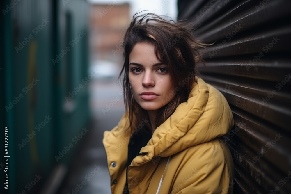 Fototapeta premium Portrait of a beautiful young brunette woman in a yellow raincoat