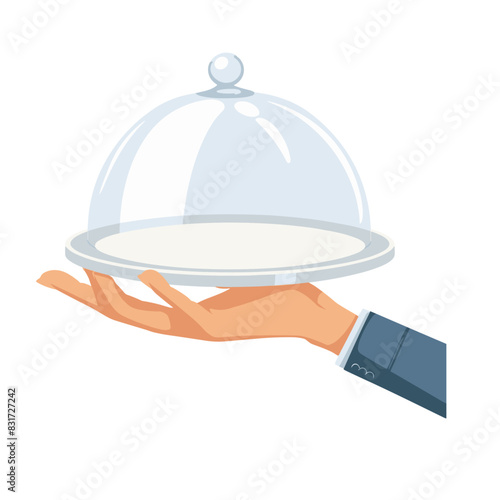 A hand holding a tray with a glass dome covering a meal