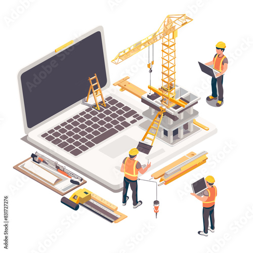 isometric illustration where a construction site emerges from an open laptop screen