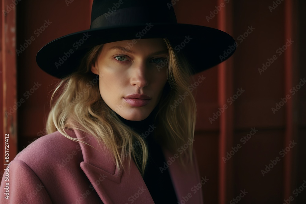 Portrait of a beautiful blonde woman in a pink coat and black hat. Portrait of a beautiful blonde woman in a pink coat and black hat.