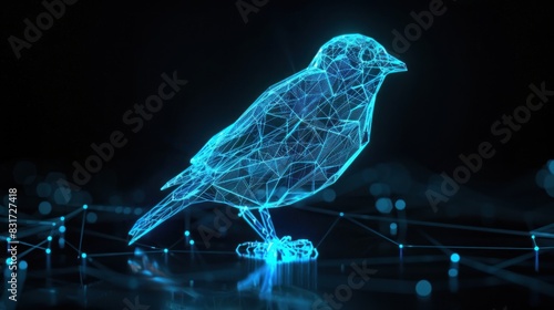 A bird made of lines and wires is standing on a dark background photo