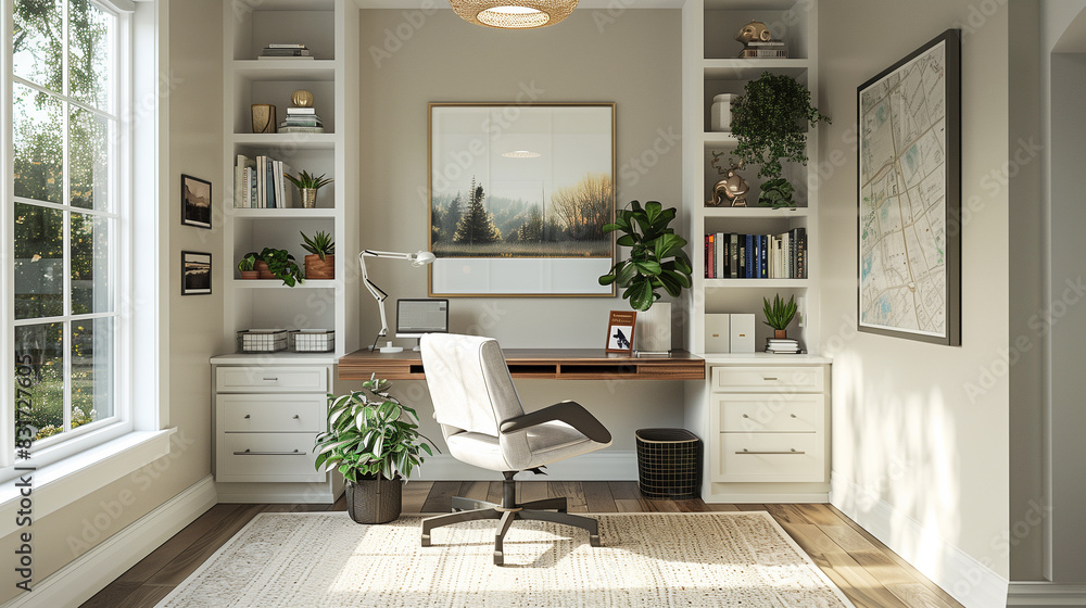 Well organized home office with white accents and tall bookshelves on both sides. Well organized home office with white accents and tall bookshelves on both sides.