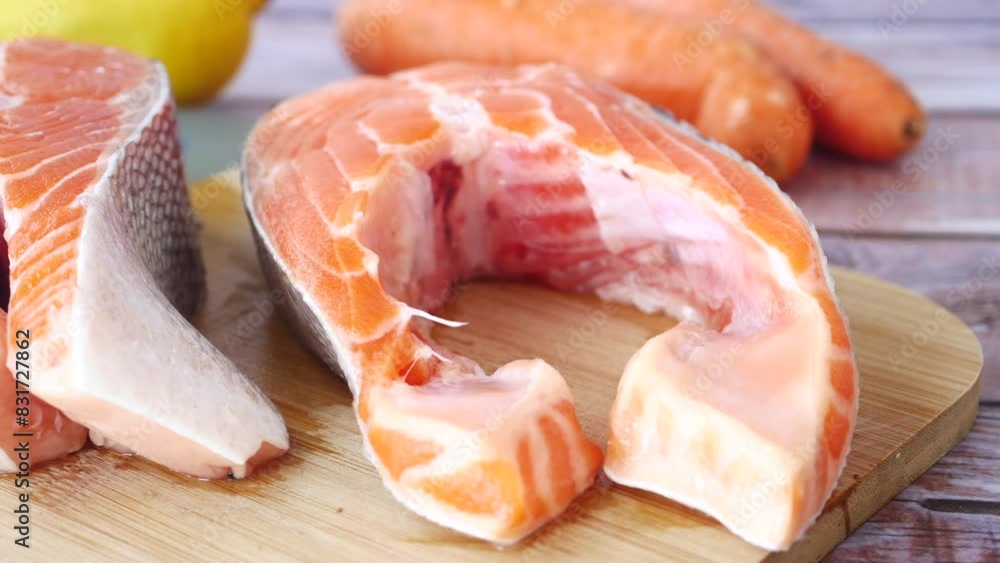 Raw, fresh salmon steak and vegetables on white Raw, fresh salmon steak and vegetables on white