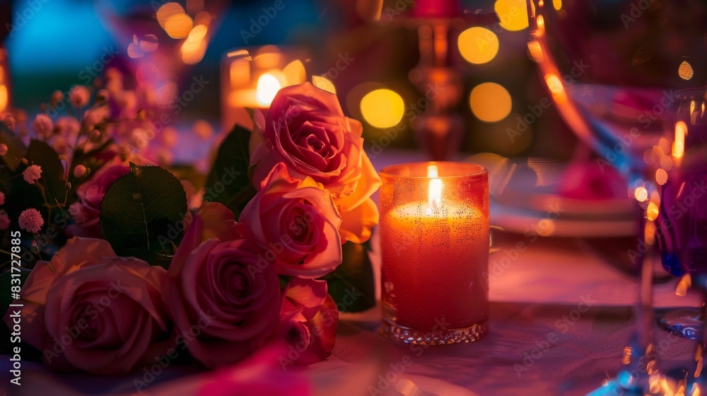 Romantic candlelit dinner for two with red rose centerpiece for valentine day. love mood