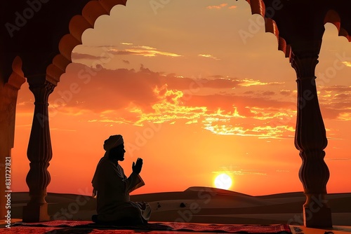 Silhouette of Muslim man in traditional hat praying at sunset with desert arch and golden sun on background, Eid Al Adha Mubarak, Islam, Religion, Muslim and spirituality concept photo