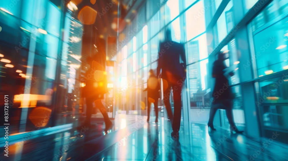 Busy professionals moving through sunlit modern glass corridor Busy professionals moving through sunlit modern glass corridor