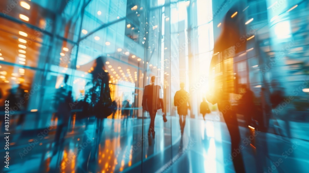 Sunlit glass corridor bustling with busy professionals Sunlit glass corridor bustling with busy professionals